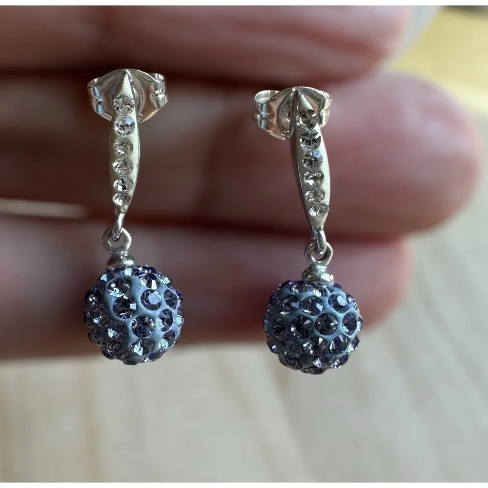 AU Stud Post Earrings‎ 0.9 Inch Ball Dangles Pave CZ Tanzanite 925 Sterling 2.3g
